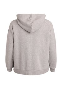 Felpa grigia con cappuccio, dalla texture morbida, polsini e orlo a coste. Presenta una tasca a marsupio e una vestibilità comoda con schiena arrotondata.