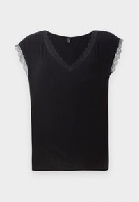 Svart ärmlös blus med V-ringning och scallop-lace trim vid ringning och ärmhål.