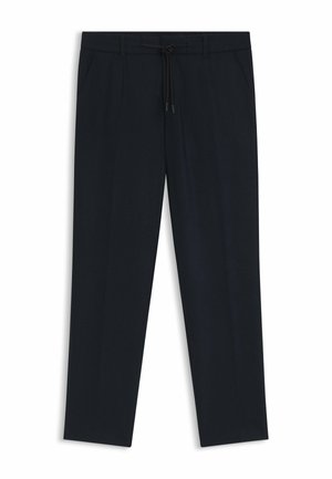 Pantaloni blu navy in tessuto morbido, con vita regolabile tramite coulisse, due tasche laterali e design a vestibilità rilassata. Tessuto dalla superficie liscia.