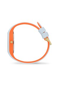 Orologio in silicone con cinturino arancione e cassa bianca. Presenta un quadrante rettangolare con un pulsante dorato. Cinturino regolabile con chiusura a fibbia.
