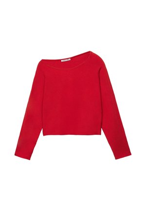 Rdeč kratki pulover z dolgimi rokavi in širokim okroglim izrezom, prikazan na belem ozadju.