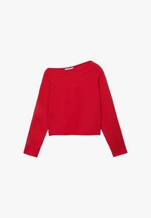 Červený krátký svetr s dlouhými rukávy a širokým kulatým výstřihem, zobrazený na jednobarevném bílém pozadí.