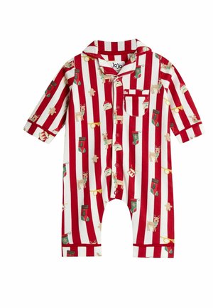 Rot-weiß gestreifter Kurzarm-Overall mit festlichen Mustern, darunter Rentiere, Strümpfe und Lebkuchen, mit einer Vorderseite-Tasche.