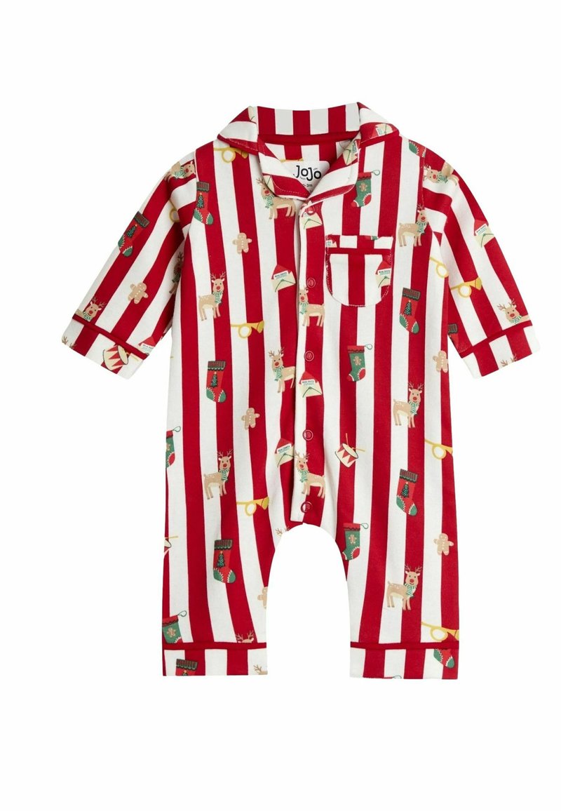 Rød- og hvidstribet kortærmet heldragt med ferieinspirerede mønstre, herunder rensdyr, julestrømper og honningkager, med en lomme foran.