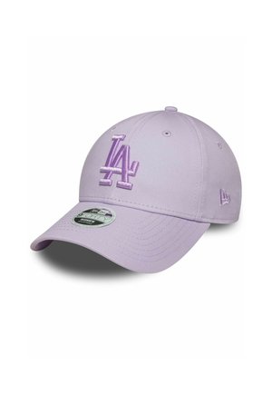 Lilac baseball cap with an embroidered "LA" logo, curved brim, adjustable strap, and textured fabric. Features side eyelets for ventilation.