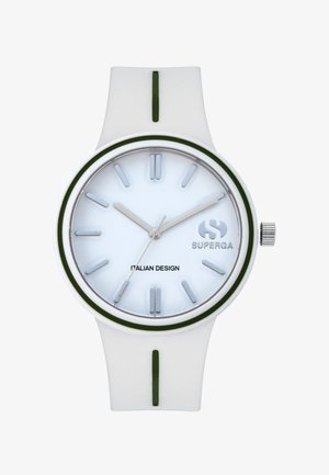 Baltas silikono laikrodis su žaliais akcentais. Blizgus, apvalus ciferblatas su sidabriniais rodyklėmis ir valandų žymekliais. Užrašas skelbia "ITALIAN DESIGN" ir "SUPERGA."