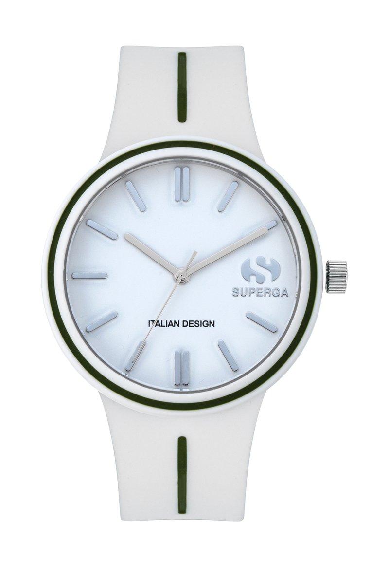Valkoinen silikoni kello vihreillä yksityiskohdilla. Kiiltävä, pyöreä kellotaulu, jossa on hopeiset viisarit ja tuntimerkinnät. Teksti lukee "ITALIALAINEN MUOTOILU" ja "SUPERGA."