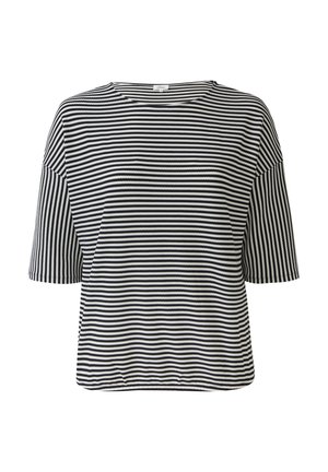 Czarnobiały, paskowany top z krótkim rękawem, o luźnym kroju, okrągłym dekolcie i miękkiej fakturze tkaniny z poziomymi paskami.