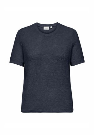 Mørk marineblå kortermet t-skjorte med rund hals, teksturert stoff og rett snitt. Har et merke på den indre kragen.