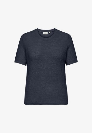 Mørk marineblå kortermet t-skjorte med rund hals, teksturert stoff og rett snitt. Har et merke på den indre kragen.
