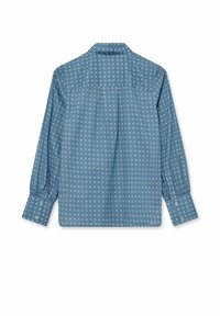 Light blue long-sleeve shirt made of textured fabric, featuring a white dotted pattern, buttoned cuffs, and a back yoke design.