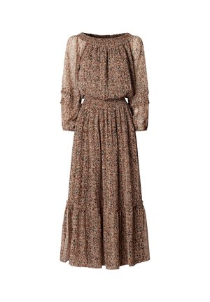 Vestido largo marrón con estampado floral, cintura ceñida, escote fruncido, mangas largas abullonadas y falda con volantes.