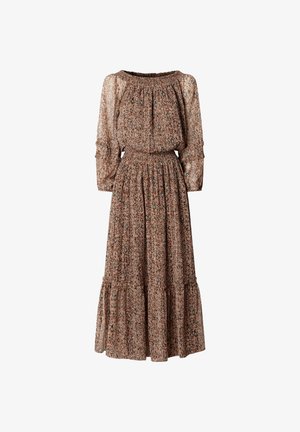 Langes braunes Kleid mit Blumenmuster, tailliert, geraffter Hals, lange Puffärmel und mehrstufiger Rock.