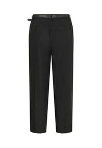 Black trousers with a straight leg design, made of smooth fabric, featuring a waistband with belt loops and two back pockets.