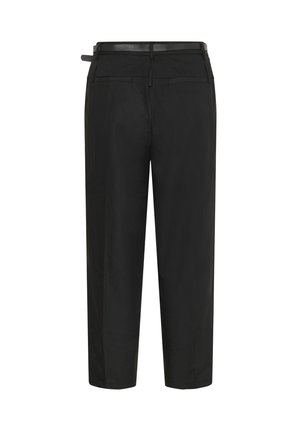 Čierne nohavice s rovnými nohavicami, vyrobené z hladkej tkaniny, s pásom s pútkami na opasok a dvoma zadnými vreckami.