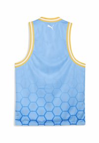 Világoskék hálós ujjatlan felső, hexagonális mintázatú gradienssel, sárga díszítéssel és logó részlettel. Sportoláshoz tervezve.