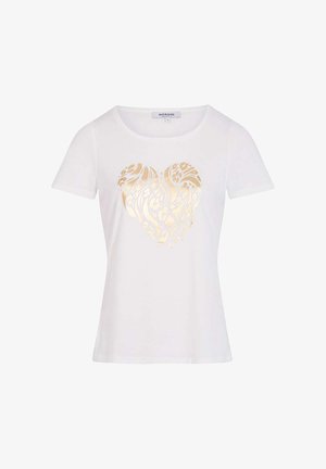 T-shirt blanc à manches courtes avec un motif de cœur abstrait doré centré sur le devant et un col rond.