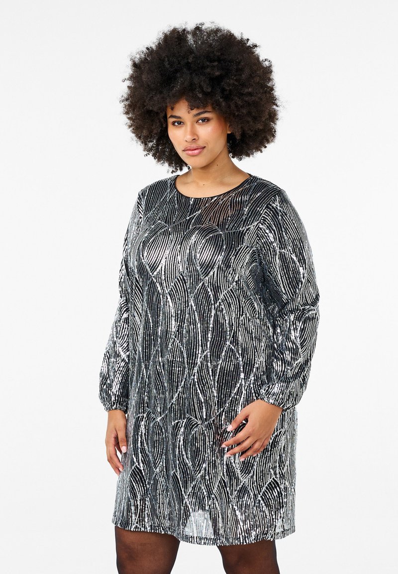 Zizzi LANGÄRMLIGES PAILLETTEN MIT MUSTER - Koktailové šaty/večierkové šaty - silver sequins