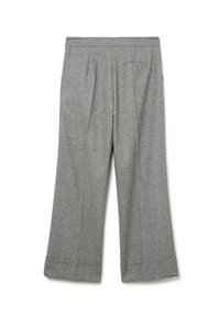 Pantalones de lana grises con un diseño de pierna ancha, que presentan pliegues en la parte delantera, un bolsillo trasero y dobladillos enrollados en el borde.