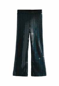 Schwarze Pailletten-Hosen mit einem ausgestellten Design, die eine reflektierende Oberfläche und ein strukturiertes Muster aus kleinen quadratischen Pailletten aufweisen.