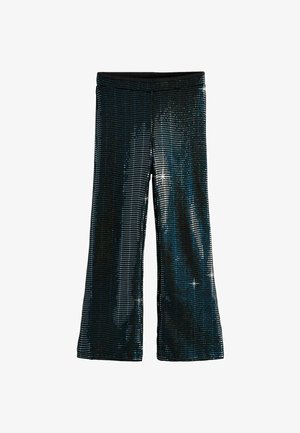 Black sequined pants with a flared design, featuring a reflective surface and a textured pattern of small square sequins.