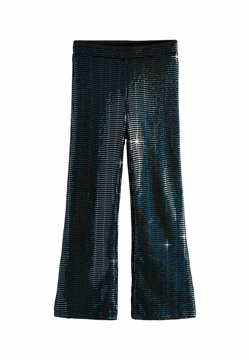 Schwarze Pailletten-Hosen mit einem ausgestellten Design, die eine reflektierende Oberfläche und ein strukturiertes Muster aus kleinen quadratischen Pailletten aufweisen.