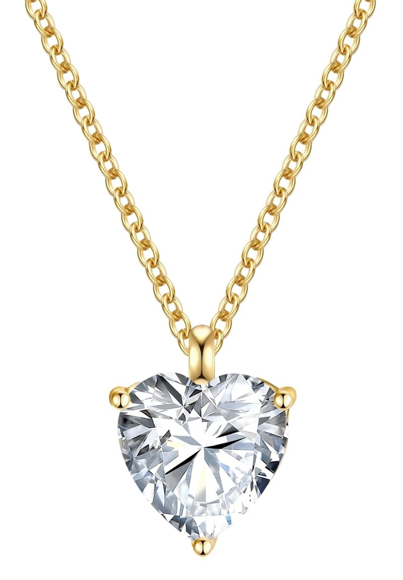 Auksinis grandinėlės kaklo papuošalas su širdies formos skaidriu akmeniu, turinčiu poliruotą paviršių ir keturių kabliukų tvirtinimus.