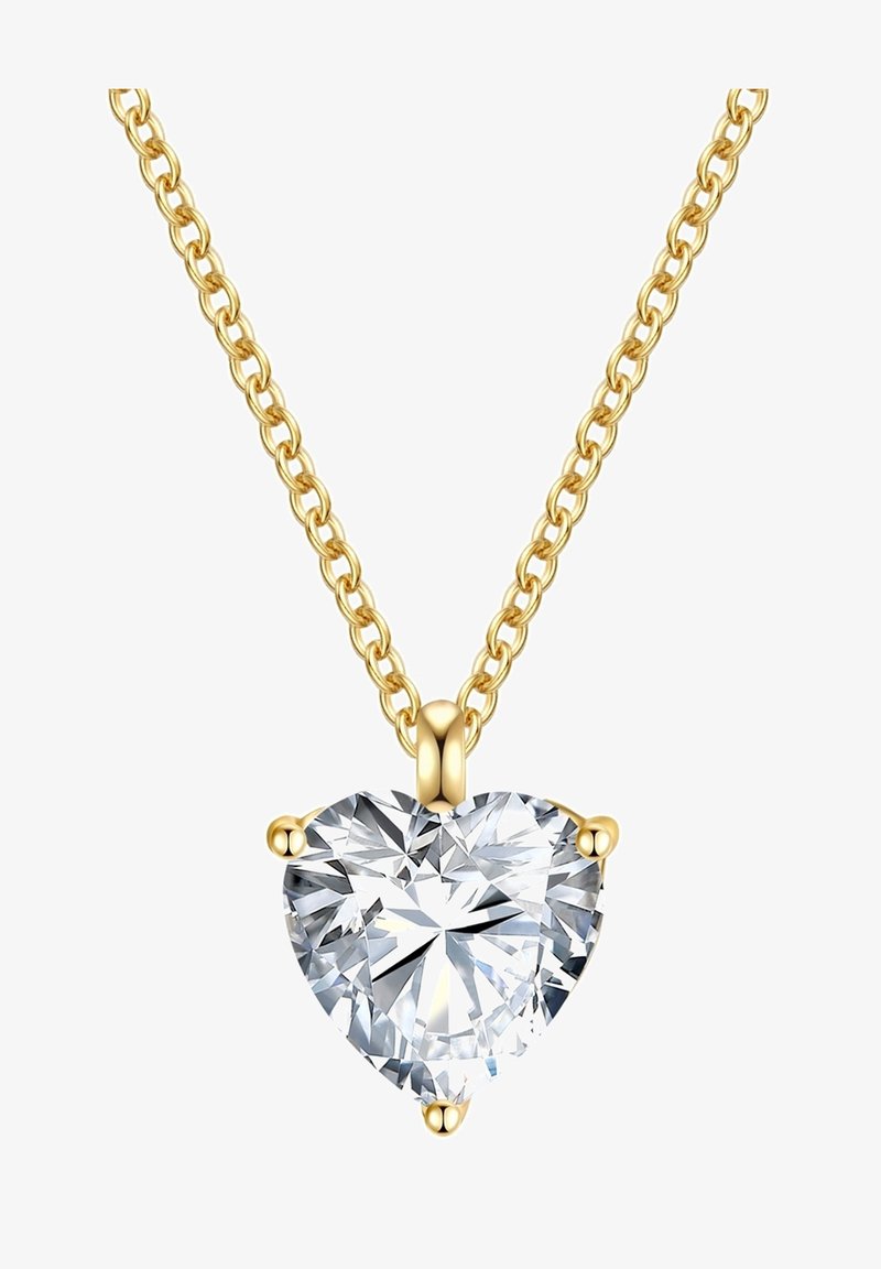 Auksinis grandinėlės kaklo papuošalas su širdies formos skaidriu akmeniu, turinčiu poliruotą paviršių ir keturių kabliukų tvirtinimus.