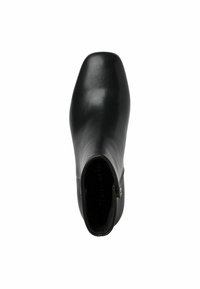 Black leather ankle boot with a sleek design, pointed toe, and side zipper. Smooth texture enhances a modern aesthetic.