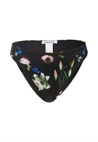 Bikini-Höschen mit floralem Muster auf schwarzem Hintergrund, aus synthetischem Material, mittlerer Bedeckung und einem gewölbten Bund mit verschiedenen bunten Blumenmustern.