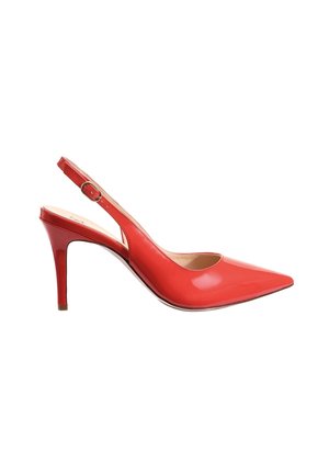 Escarpins à talons hauts en cuir verni rouge, à bout pointu, avec un talon élancé et une fermeture à boucle ajustable. Fini lisse et brillant.