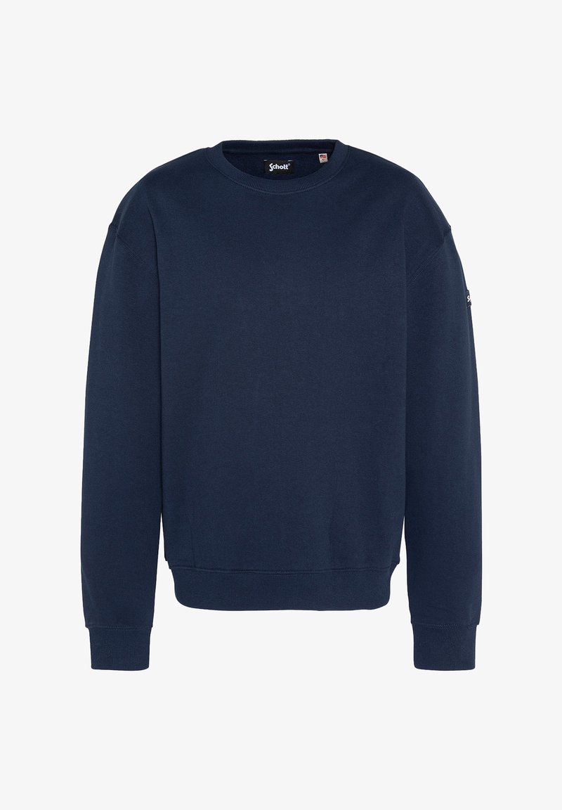 Sudadera azul marino hecha de una suave mezcla de algodón. Presenta un cuello redondo, mangas largas, puños acanalados y un diseño minimalista.