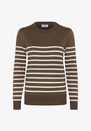 Suéter de punto marrón con rayas horizontales blancas, mangas largas, puños, dobladillo y cuello acanalados.
