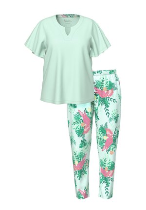 Helles Minzfarbenes Kurzarm-Top mit Schlitz am Ausschnitt und passende Hose mit rosa Papagei- und grünem Tropenblattmuster.