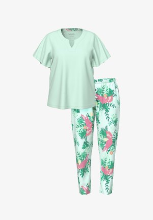 Helles Minzfarbenes Kurzarm-Top mit Schlitz am Ausschnitt und passende Hose mit rosa Papagei- und grünem Tropenblattmuster.