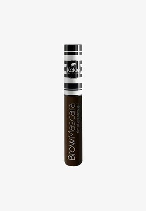 Kokie Professional Brow Mascara -sävyttävä kulmageeli tummanruskeassa tuubissa, jossa mustavalkoraidallinen korkki.