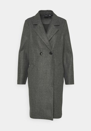 Long manteau en laine gris foncé avec larges revers, deux boutons noirs et manches longues, présenté sur un fond clair uni.