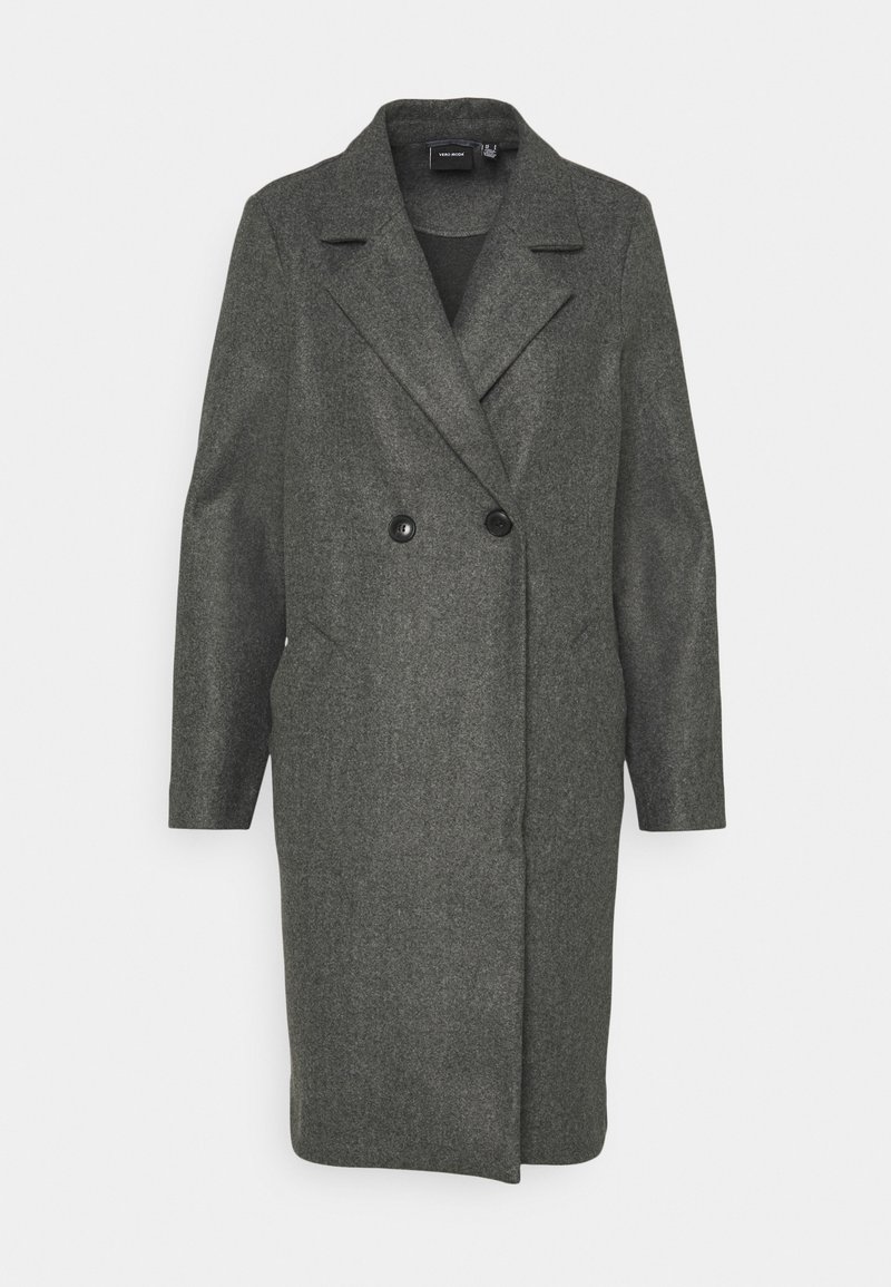 Long manteau en laine gris foncé avec larges revers, deux boutons noirs et manches longues, présenté sur un fond clair uni.