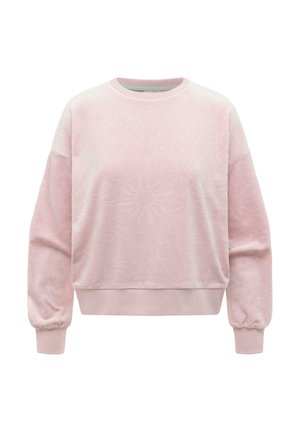Lichtroze sweatshirt met subtiele reliëf bloemmotieven, ronde hals, lange mouwen en geribde boorden en zoom, afgebeeld op een witte achtergrond.