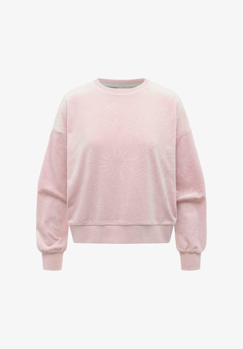 Hellrosa Sweatshirt mit dezenten, geprägten Blumenmustern, Rundhalsausschnitt, langen Ärmeln sowie gerippten Bündchen und Saum, dargestellt vor weißem Hintergrund.