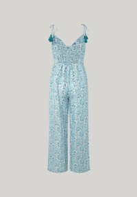 Patronen jumpsuit in lichtblauw, met een bloemenpatroon, smock-buste, verstelbare strikbandjes en wijde pijpen.