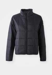 Veste matelassée noire avec fermeture éclair intégrale à l’avant, col montant, manches longues et motif carré.