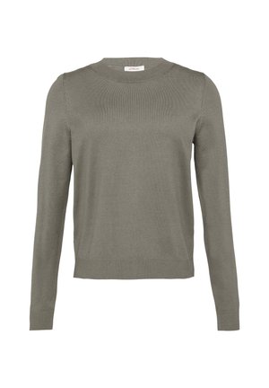 Olijfgroene gebreide trui, ronde halslijn, lange mouwen, geribbelde zoom, gladde textuur en subtiele stikseldetails.