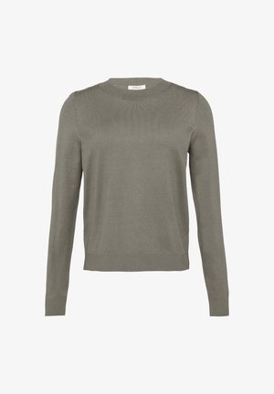 Olijfgroene gebreide trui, ronde halslijn, lange mouwen, geribbelde zoom, gladde textuur en subtiele stikseldetails.