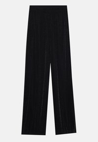 Pantalons larges noirs en tissu brillant. Dotés d'une taille élastique et d'une texture lisse avec une surface scintillante.