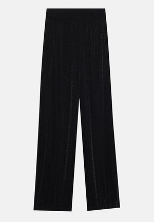 Black wide-leg pants made of a shiny fabric. Features an elastic waistband and smooth texture with a shimmering surface.