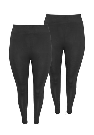 Schwarze Leggings aus einem glatten, dehnbaren Stoff. Mit einem hohen Taillenbund und einer engen Passform über die Beine. Zwei Paar abgebildet.