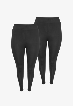 Mustat legginsit, joissa on sileä ja joustava kangas. Varustettu korkealla vyötäröllä ja tiukalla istuvuudella lahkeissa. Kaksi paria esillä.