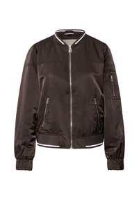 Veste aviateur marron avec fermeture éclair à l'avant, poignets et ourlet côtelés. Elle dispose de poches latérales zippées et de rayures blanches contrastantes au col et à l'ourlet.