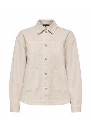 Veste boutonnée beige clair à manches longues, avec deux poches plaquées à l'avant et un col classique.